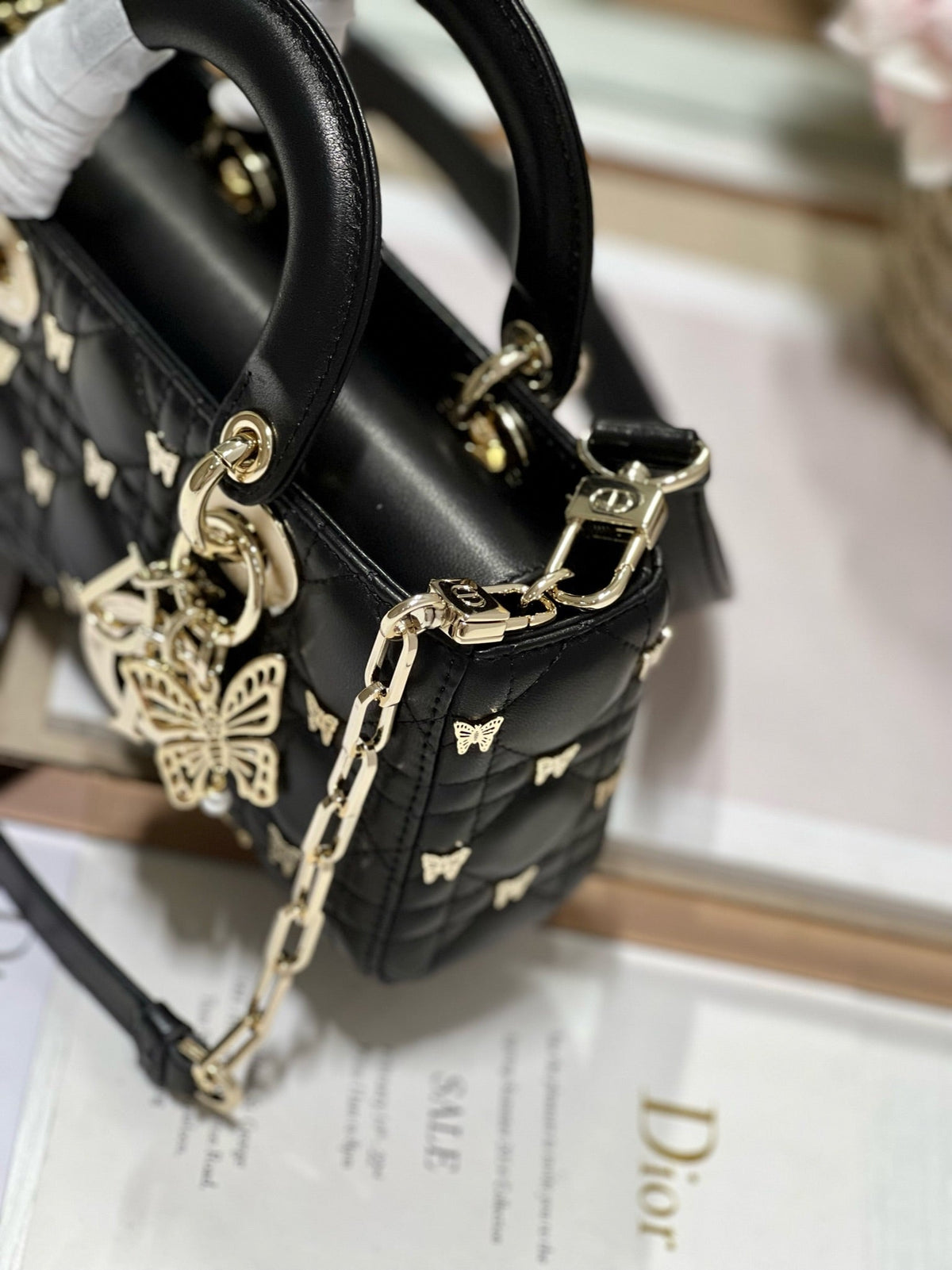 DIOR SMALL LADY D-JOY 22 BUTTERFLY STUD BLACK LAMBSKIN