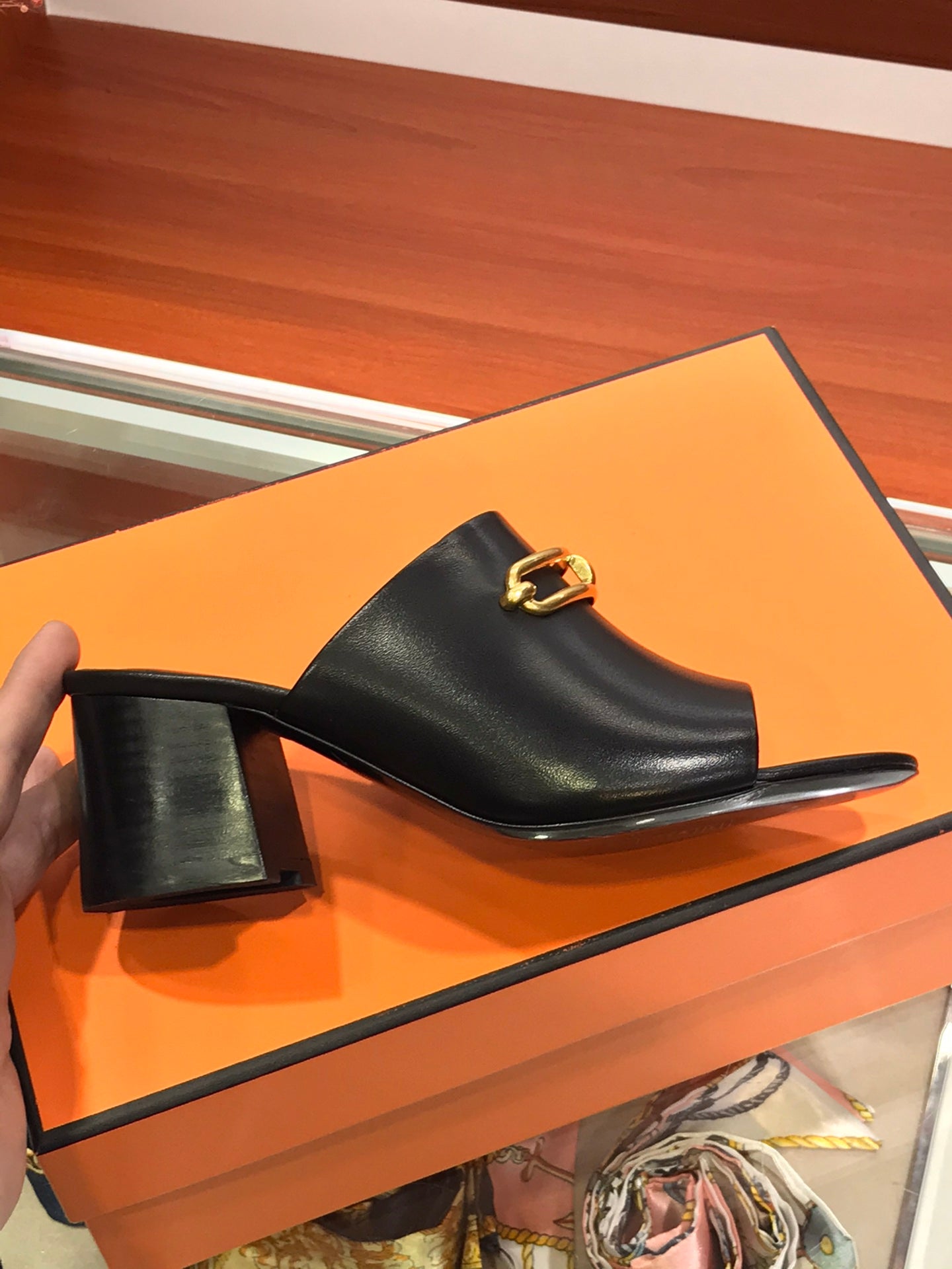 HERMES CAMILLA MULE 65 BLACK CALFSKIN