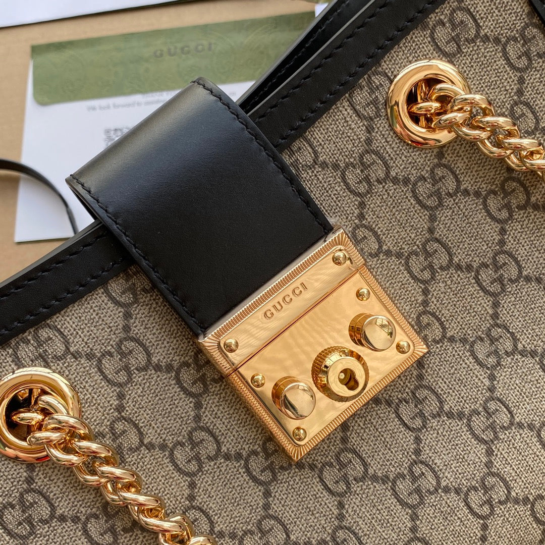 GUCCI PADLOCK MEDIUM 26 SHOULDER BAG BEIGE CANVAS AND BLACK CALFSKIN