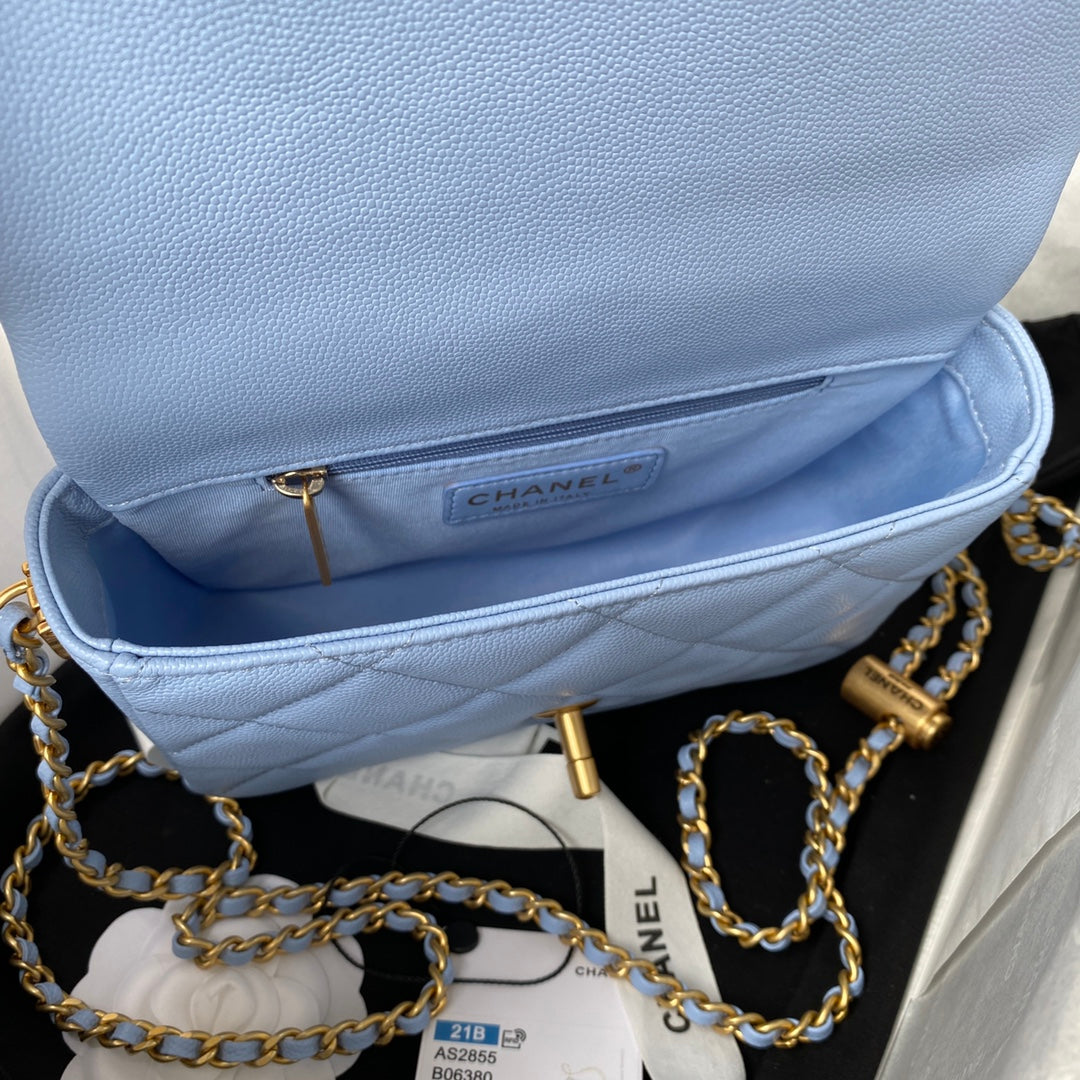 CHANEL 25S CLASSIC FLAP 19 CM IN PASTEL BLUE CAVIAR LEATHER WITH GOLD HARDWARE