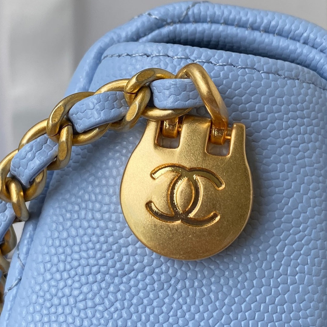 CHANEL 25S CLASSIC FLAP 19 CM IN PASTEL BLUE CAVIAR LEATHER WITH GOLD HARDWARE