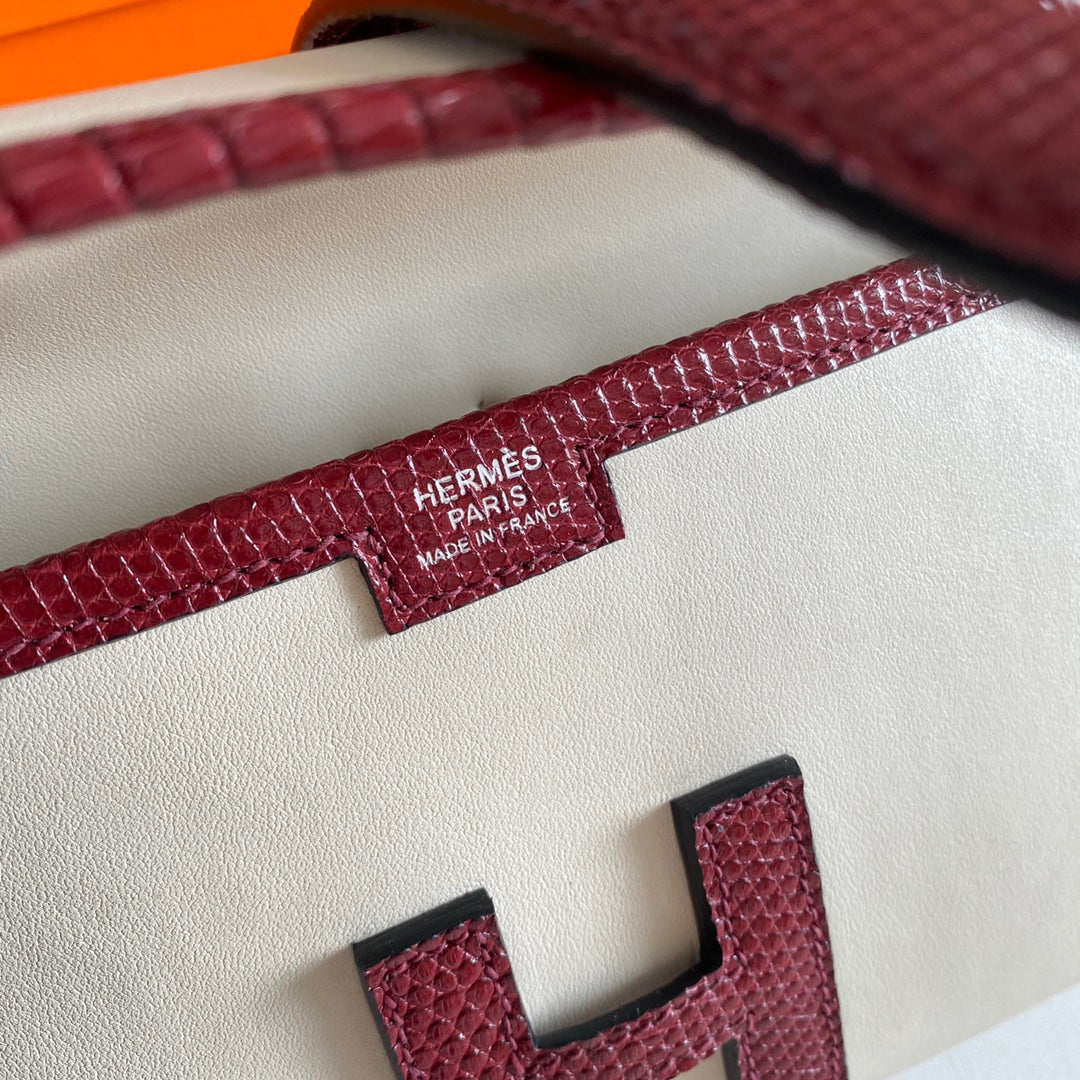 HERMES JIGE ELAN 29 CLUTCH IN WHITE CALFSKIN WITH GARNET RED LIZARD SKIN