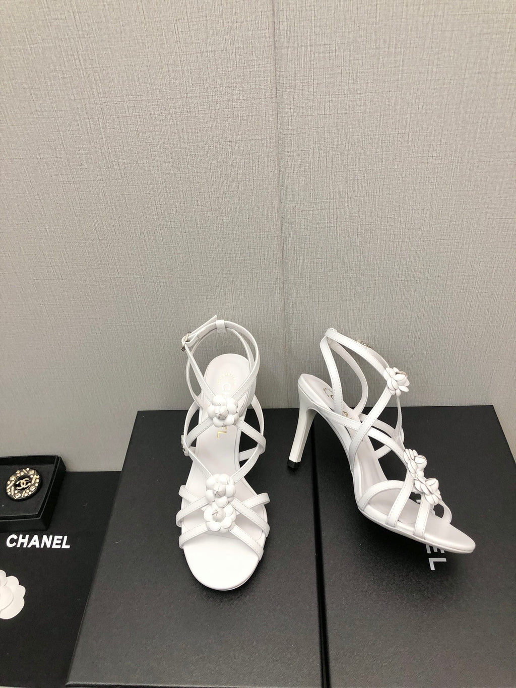 CHANEL FLORAL HIGH HEEL SANDAL IN WHITE LAMBSKIN