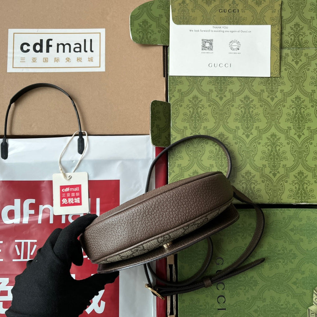 GUCCI OPHIDIA MINI SHOULDER BAG 20 WITH WEB IN BEIGE EBONY CANVAS MIX BROWN CALFSKIN