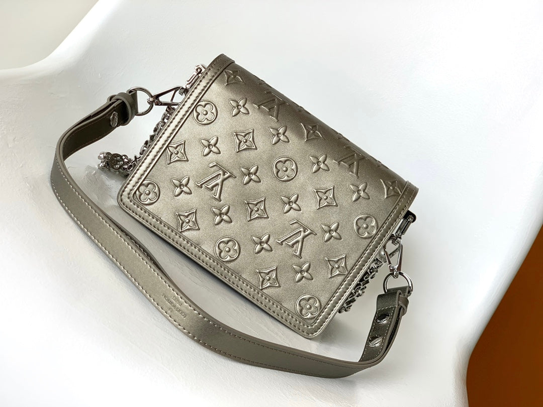 LOUIS VUITTON LV 25S MINI DAUPHINE BAG 20 IN BEIGE GRAY MOONOGRAM CALFSKIN SHIMMERING METALLIC GOLD