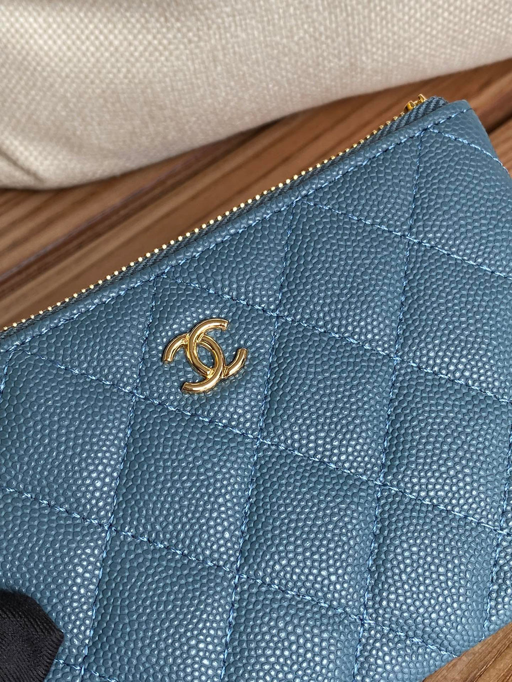 CHANEL CLASSIC SMALL 15 ZIPPED POUCH IN TEAL GREEN GRAINED CALFSKIN