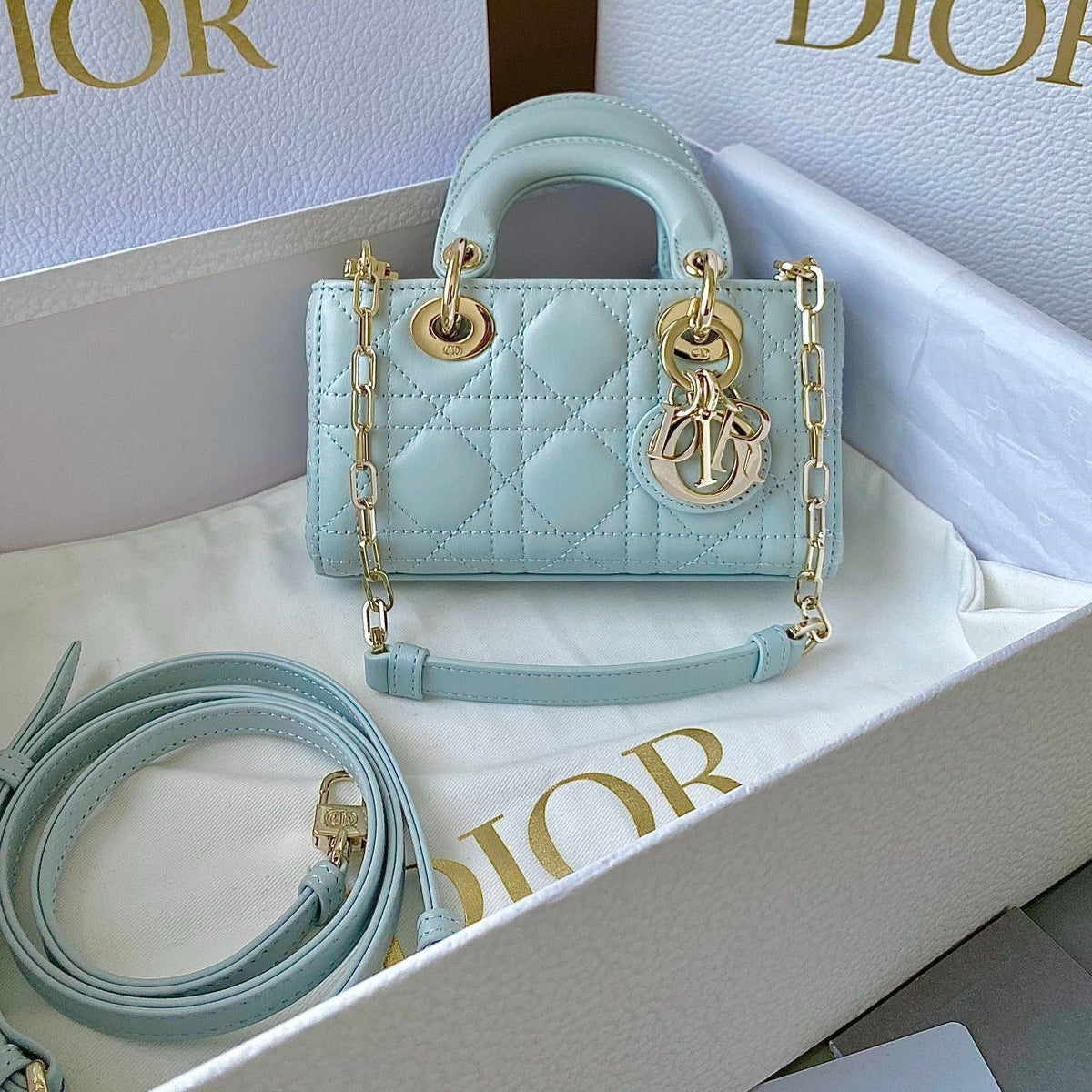 DIOR MINI D-JOY BAG 17 IN LIGHT BLUE LAMBSKIN