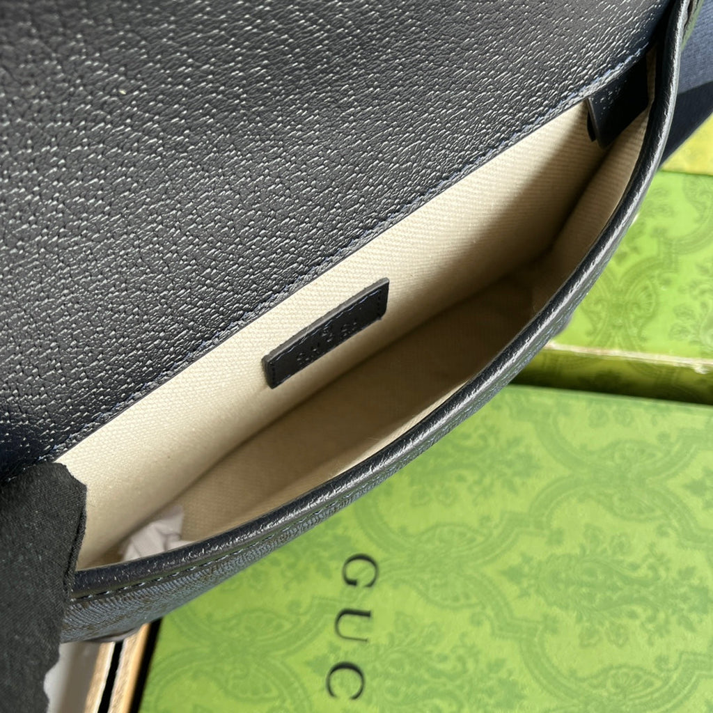 GUCCI OPHIDIA SMALL BELT BAG 23 IN DARK BLUE MONOGRAM CANVAS AND BLACK LAMBSKIN TRIM