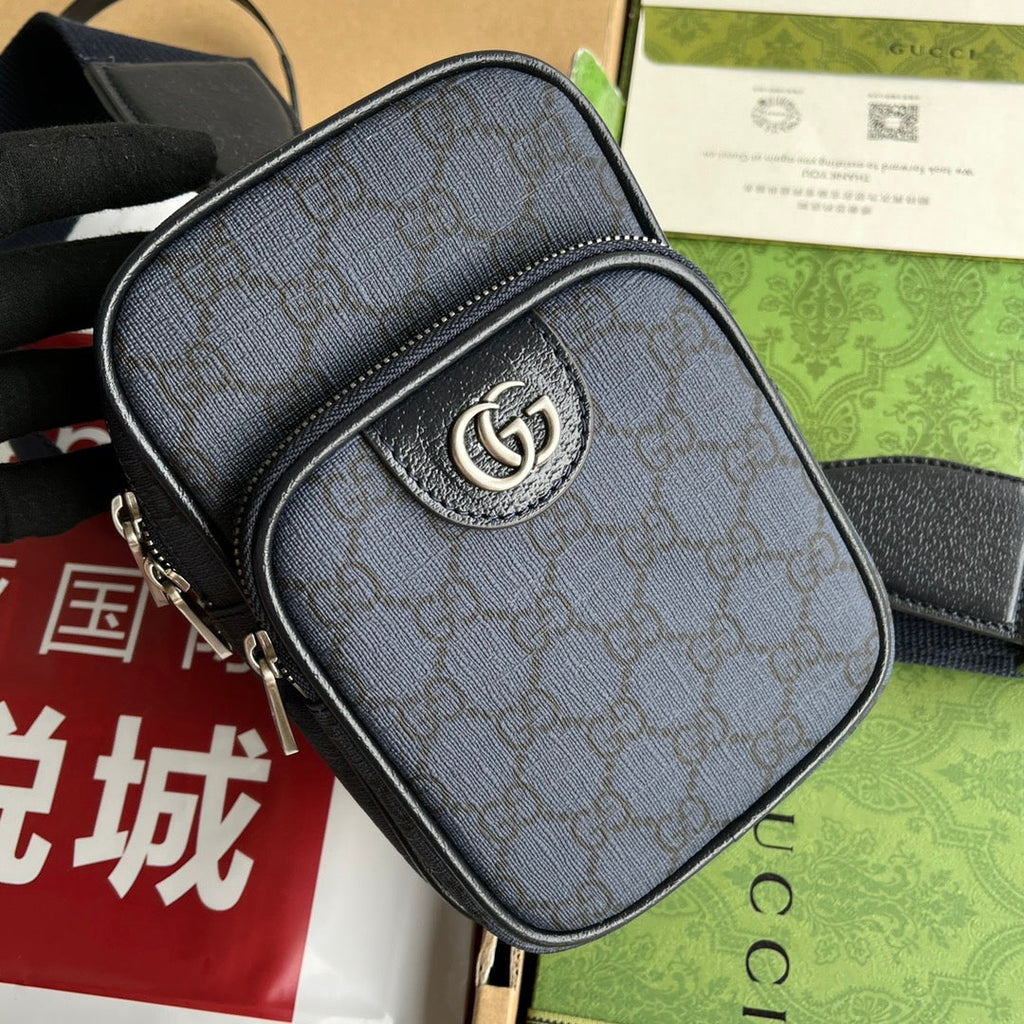 GUCCI OPHIDIA MINI BAG 18 IN DARK BLUE MONOGRAM CANVAS AND BLACK LAMBSKIN TRIM