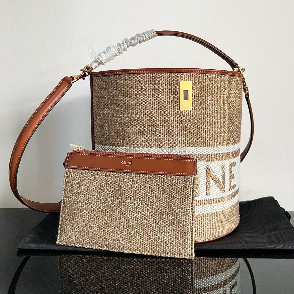 CELINE WOOL BUCKET BAG 24 BEIGE CREAM ORIGINAL CALFSKIN