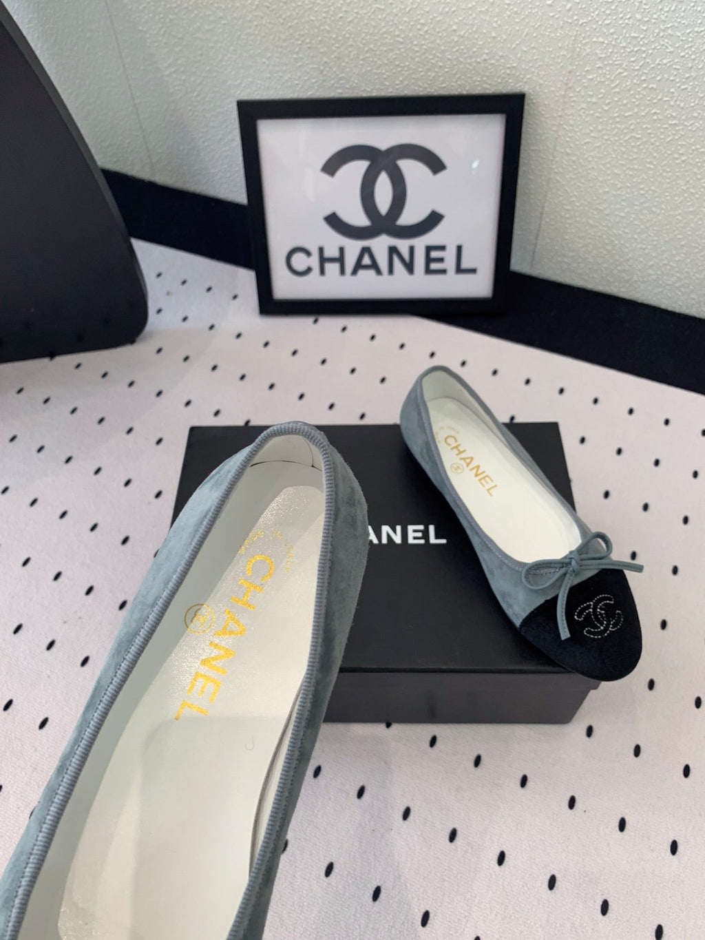 CHANEL BALLET FLAT ICEBERG BLUE MIX BLACK VELVET
