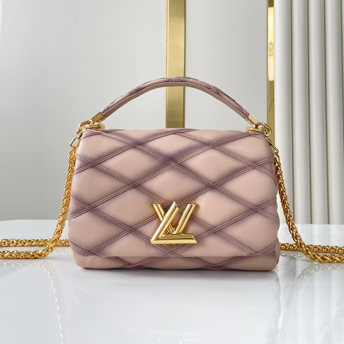 LOUIS VUITTON GO-14 MM 23 IN LIGHT PINK QUILTED LAMBSKIN GOLD HARDWARE