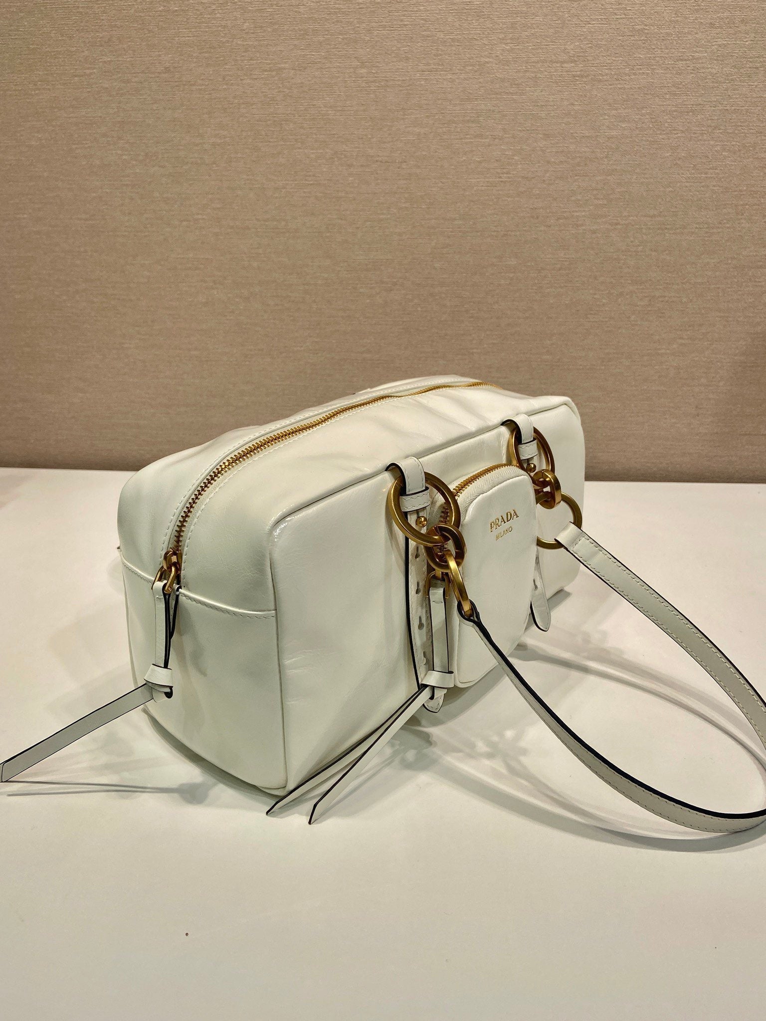 PRADA LARGE RECTANGULAR BAG 30 IN WHITE OIL WAX LAMBSKIN GOLD HARDWARE