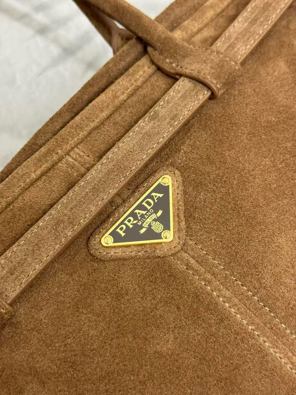 PRADA TOTE BAG WITH BELT 38 IN CHOCOLATE BROWN SUEDE GOLD HARDWARE