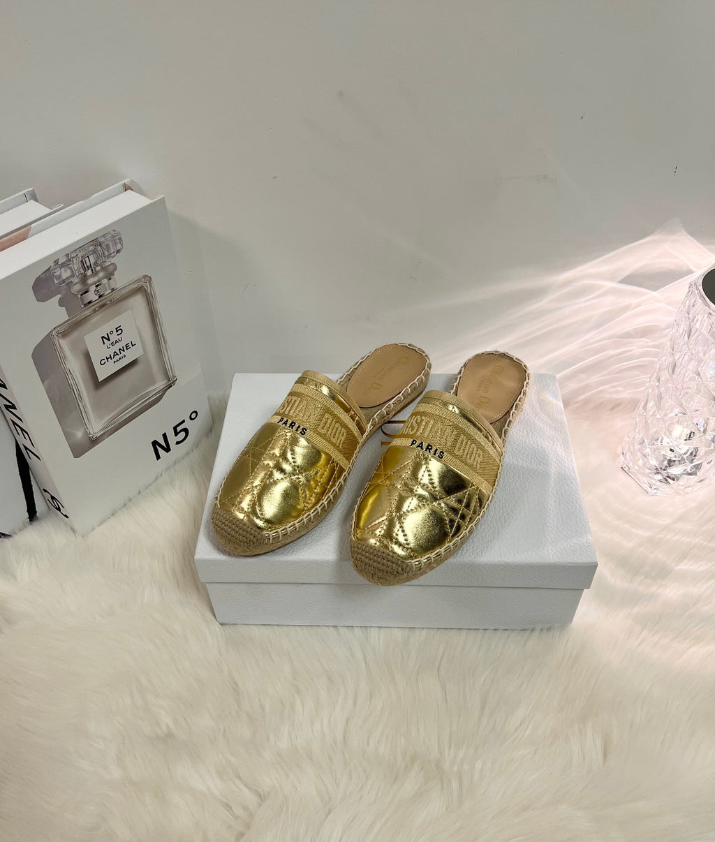 DIOR GRANVILLE ESPADRILLE MULE GOLD QUILTED CANNAGE CALFSKIN