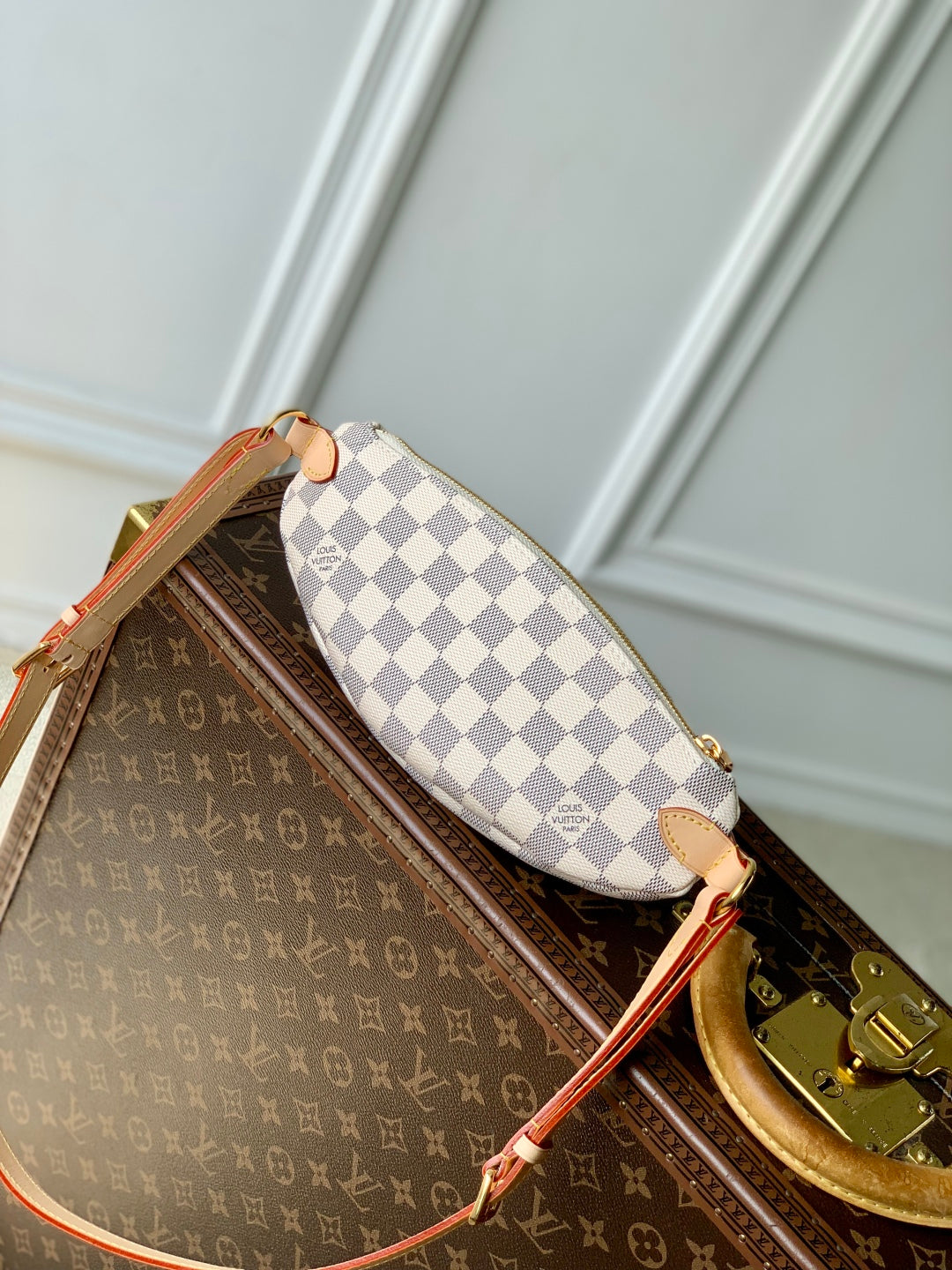 LOUIS VUITTON KEEPIT BUMBAG 29 IN WHITE GREY CHECKERBOARD PATTERN DAMIER AZUR COATED CANVAS