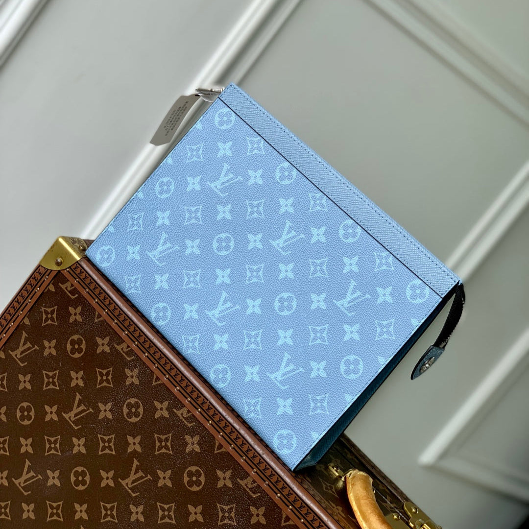 LOUIS VUITTON POCHETTE VOYAGE 26 IN LIGHT BLUE MONOGRAM ECLIPSE CALFSKIN