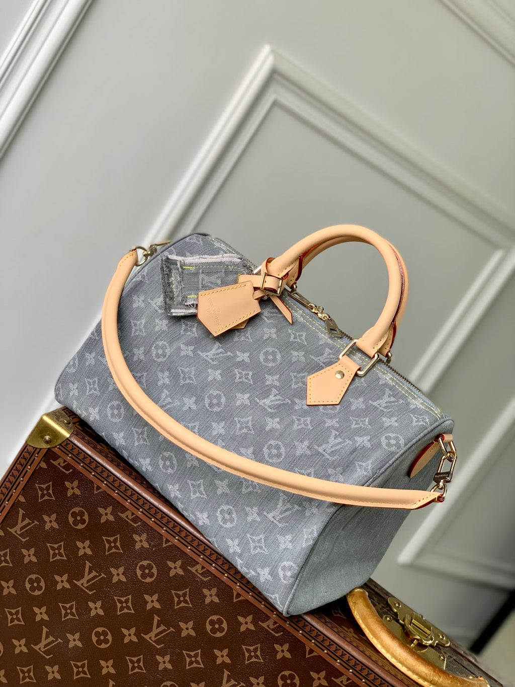 LOUIS VUITTON SPEEDY SOFT 30 IN GREY MONOGRAM DENIM LIGHT BROWN CALFSKIN