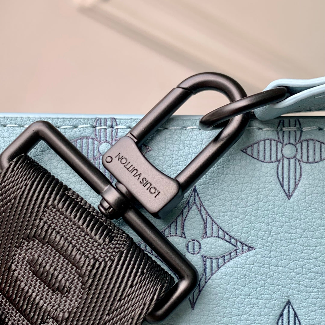 LOUIS VUITTON GASTON WEARABLE WALLET 22 IN SKY BLUE MONOGRAM SHADOW CALFSKIN EMBOSSED LOGO