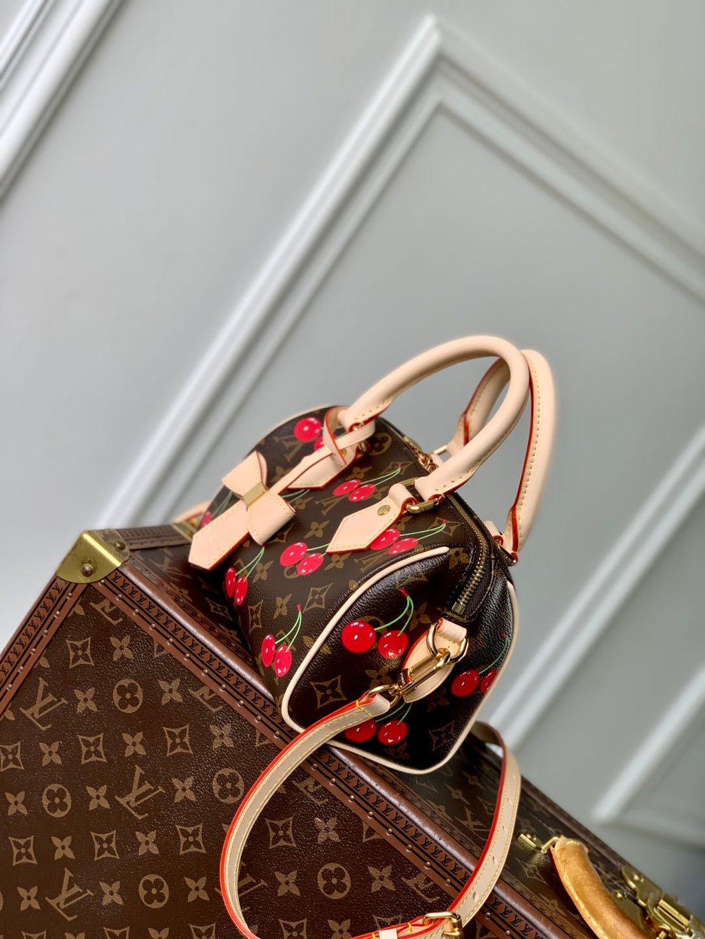 LOUIS VUITTON SPEEDY BANDOULIÈRE 20.5 BAG IN BROWN CANVAS CHERRY PRINTED