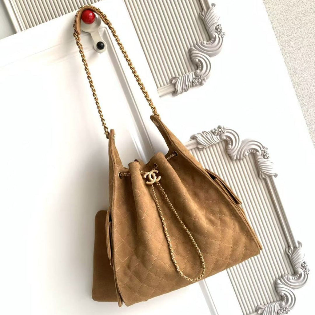 CHANEL 25S HOBO BAG 40 IN BROWN SUEDE WITH GOLD HARDWARE