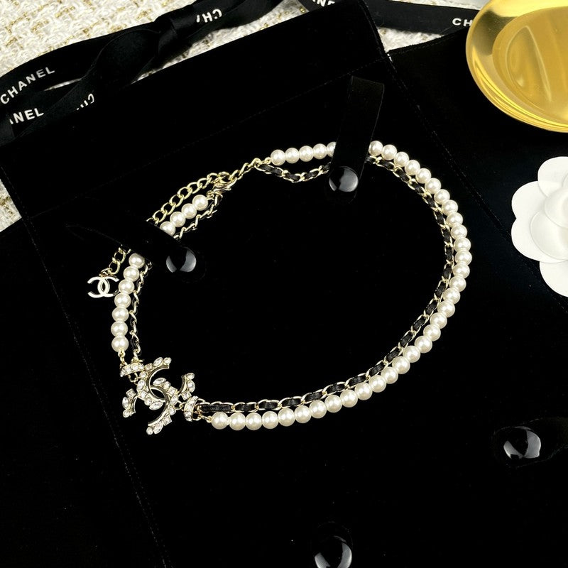 18K  Chanel Pearl Chain Leather Necklace