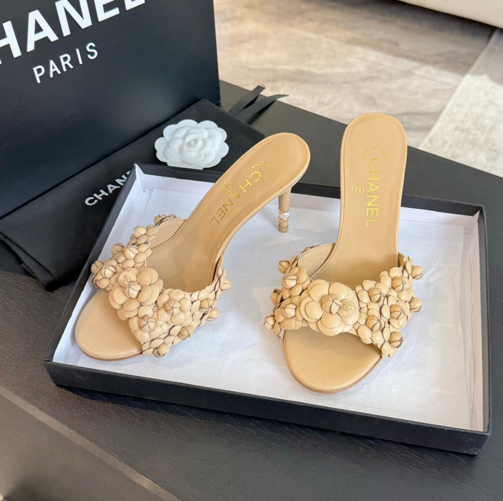 CHANEL Little Camellia World Thin High Heels Tan Brown Lambskin