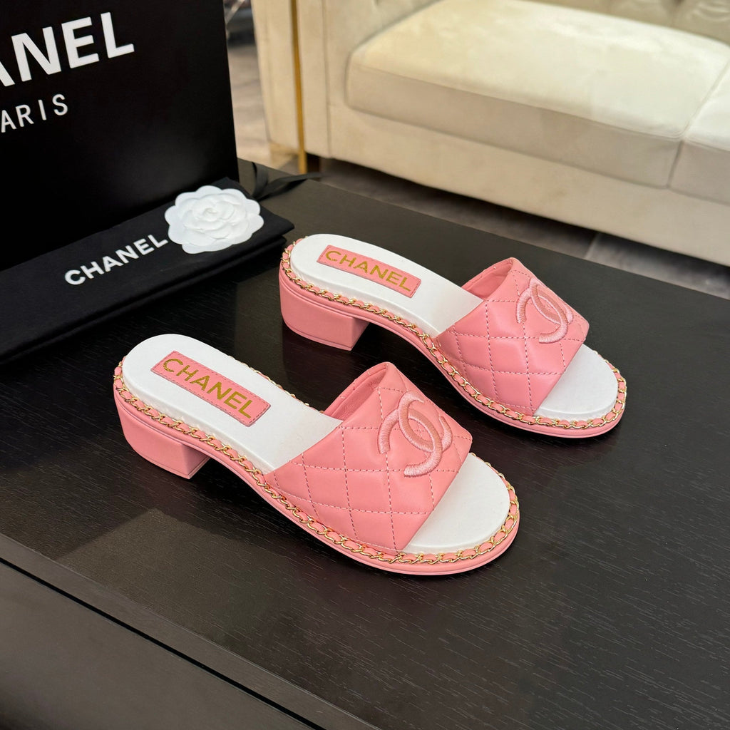 CHANEL HIGH FLATFORM SLIPPER IN ROUGE PINK EMBOSSED SHEEPSKIN