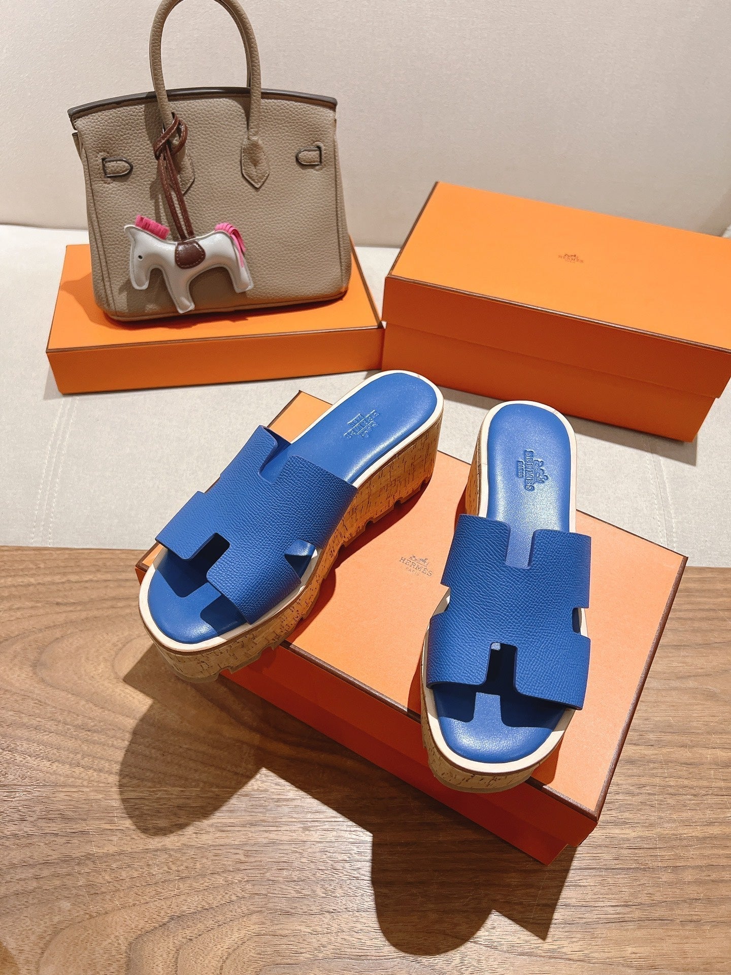 HERMES 25S HIGH WEDGE SANDALS IN COBALT BLUE LAMBSKIN STYLE 20
