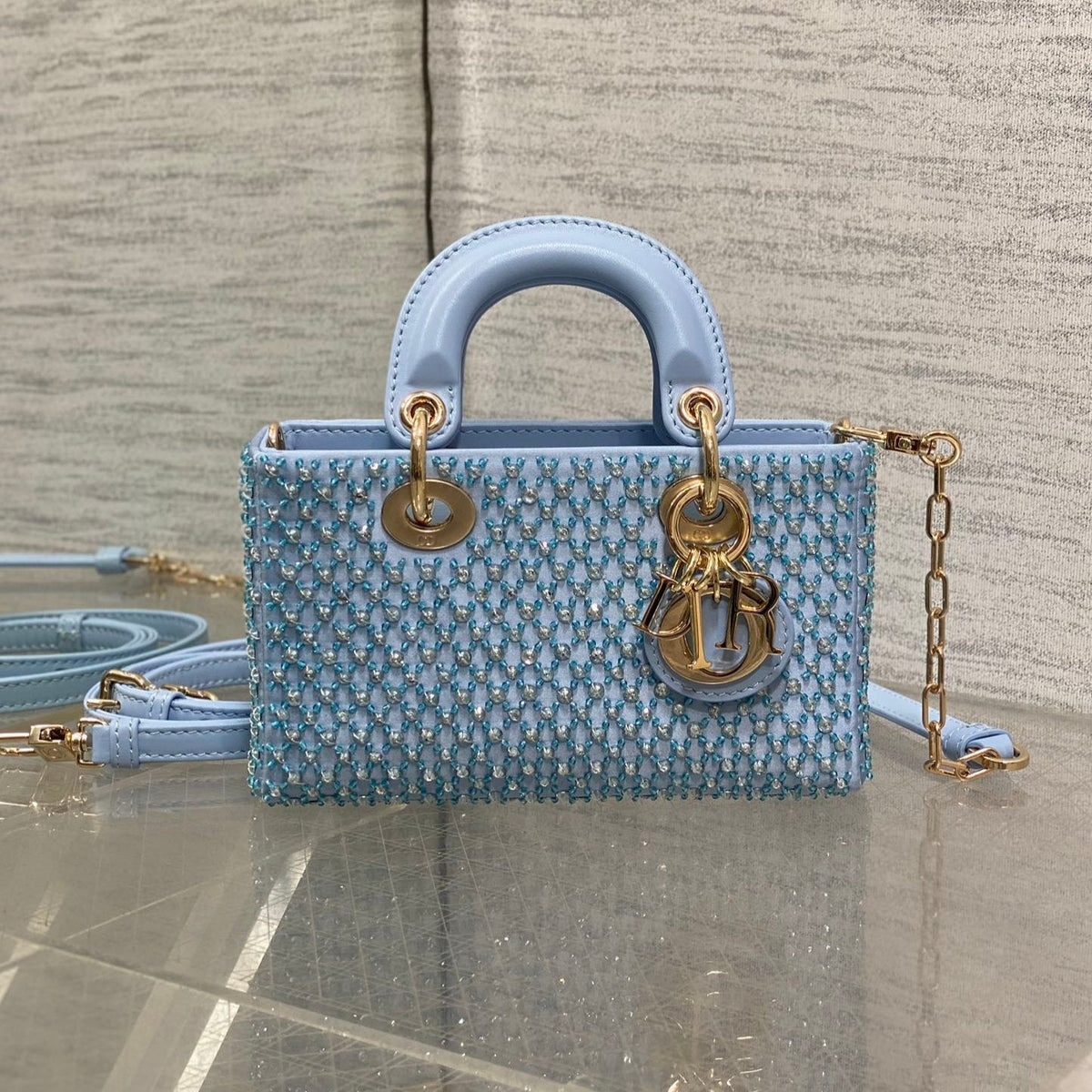 DIOR SMALL 16 LADY D-JOY BAG  IN POWDER BLUE CANNAGE LAMBSKIN WITH EMBROIDERED BEADWORK  BEADWORK