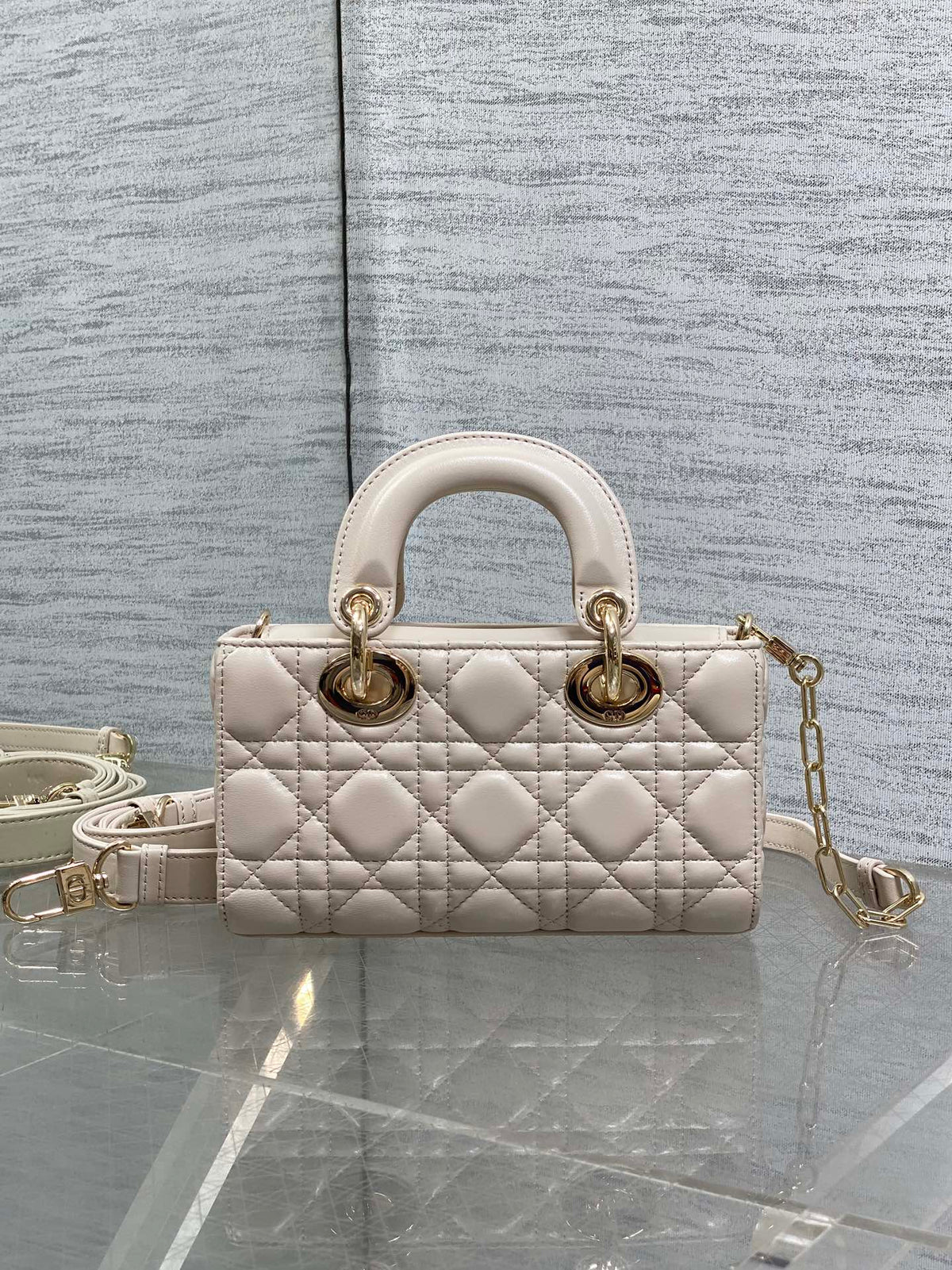DIOR 25S MICRO LADY D-JOY 19 IN BEIGE CALFSKIN GOLD HARDWRE