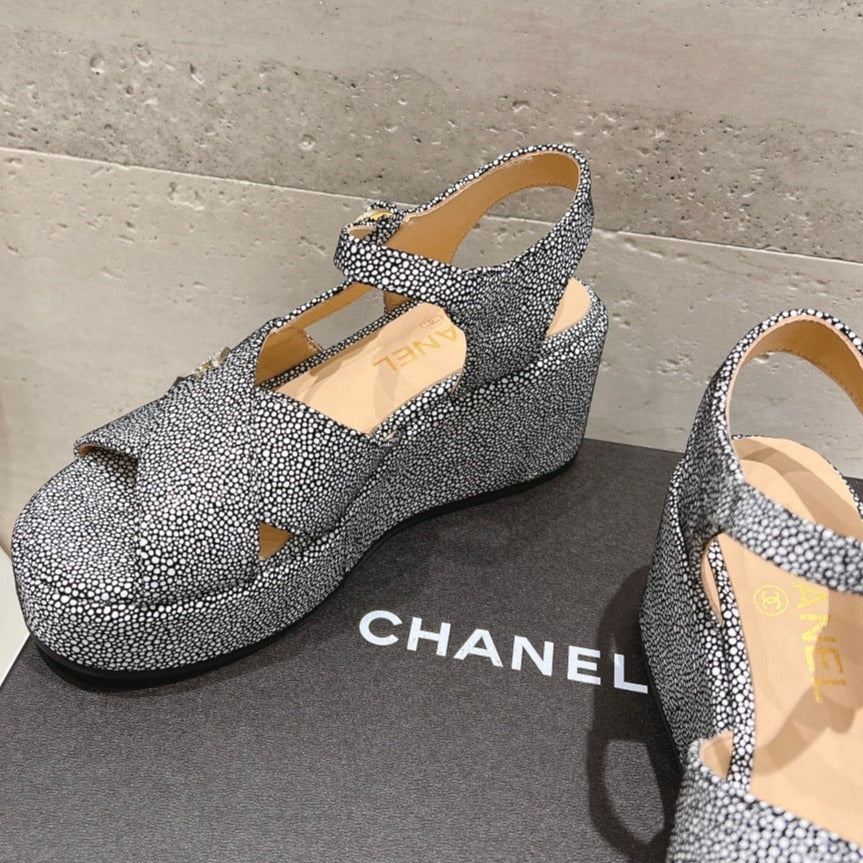 CHANEL Wedge Open-Toe High Heel Sandals Slate Gray Sheepskin
