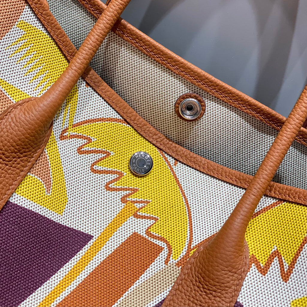 HERMES GARDEN PARTY 36 IN MULTICOLOR TOILE H CANVAS GOLD CALFSKIN TROPICAL STREETLINE ILLUSTRATION