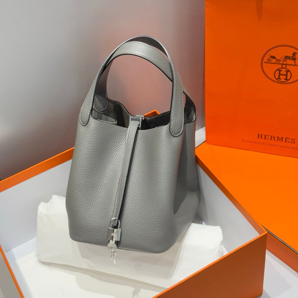 HERMES PICOTIN LOCK 22 IN GREY ETAIN CALFSKIN SILVER HARDWARE