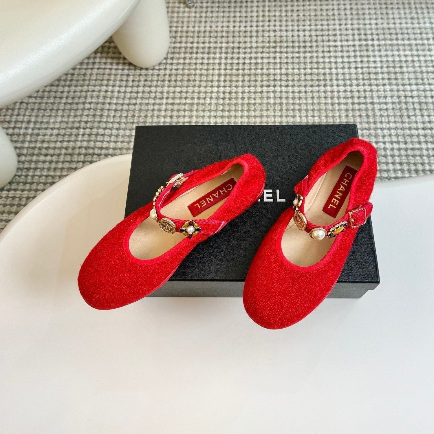 CHANEL MARY JANE SHOES CHERRY RED WOOL TWEED