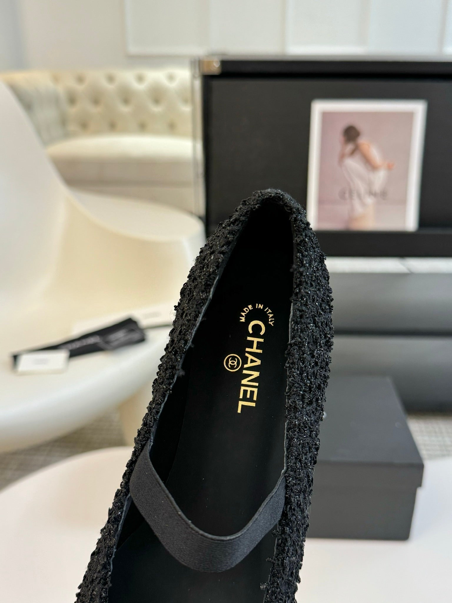 CHANEL MARY JANE IN BLACK WOOL TWEED AND SATIN