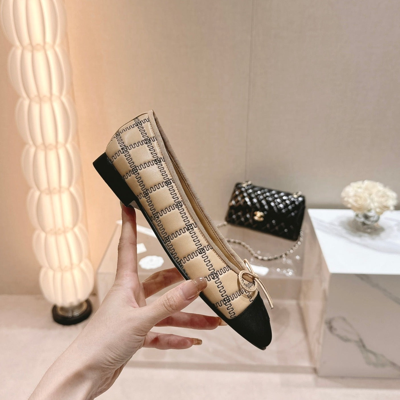 CHANEL Double C New Ballet Flats Dark Cream Black Lambskin