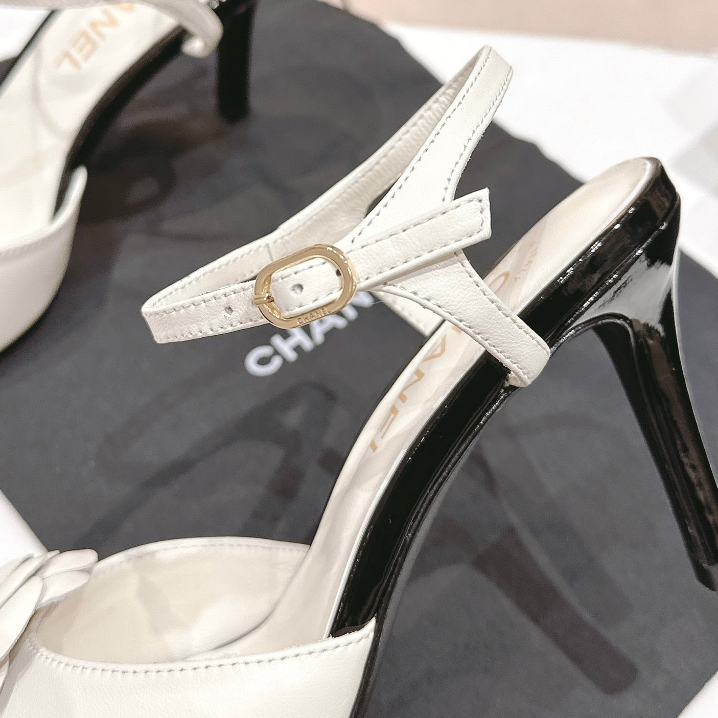 CHANEL Double C New Camellia High Heel Sandals White