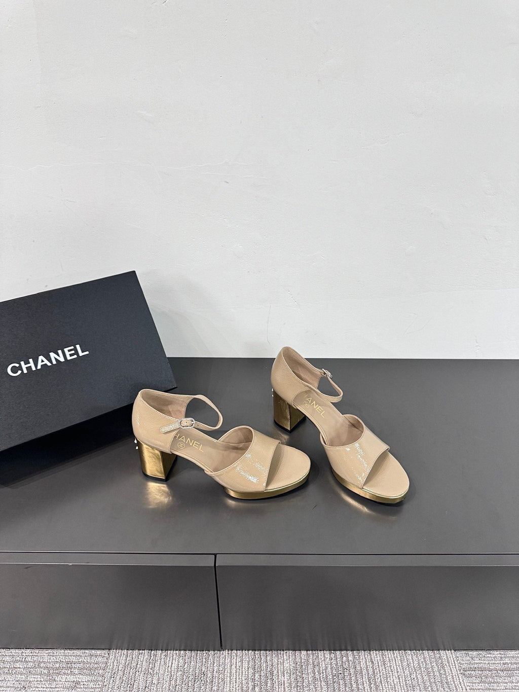 CHANEL BLOCK HEEL SANDALS BEIGE SHEEPSKIN