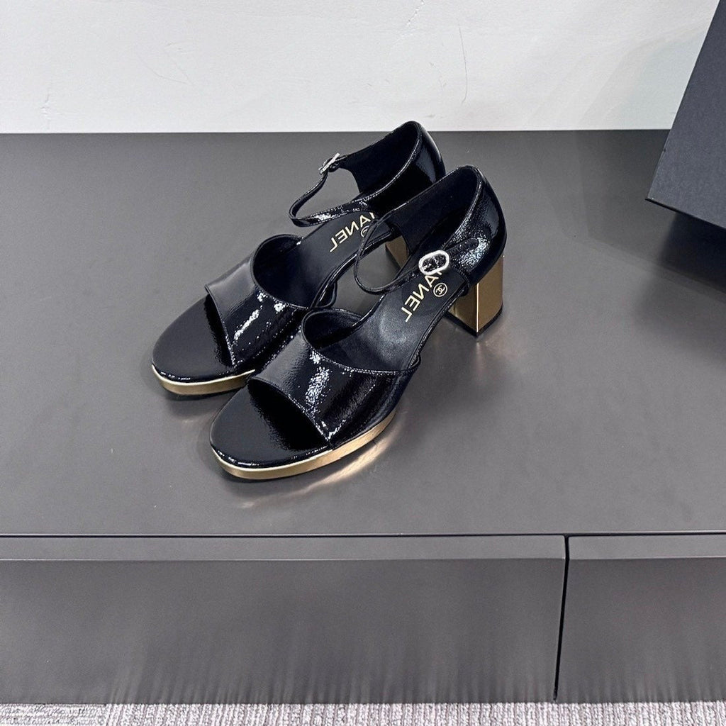 CHANEL BLOCK HEEL SANDALS BLACK SHEEPSKIN