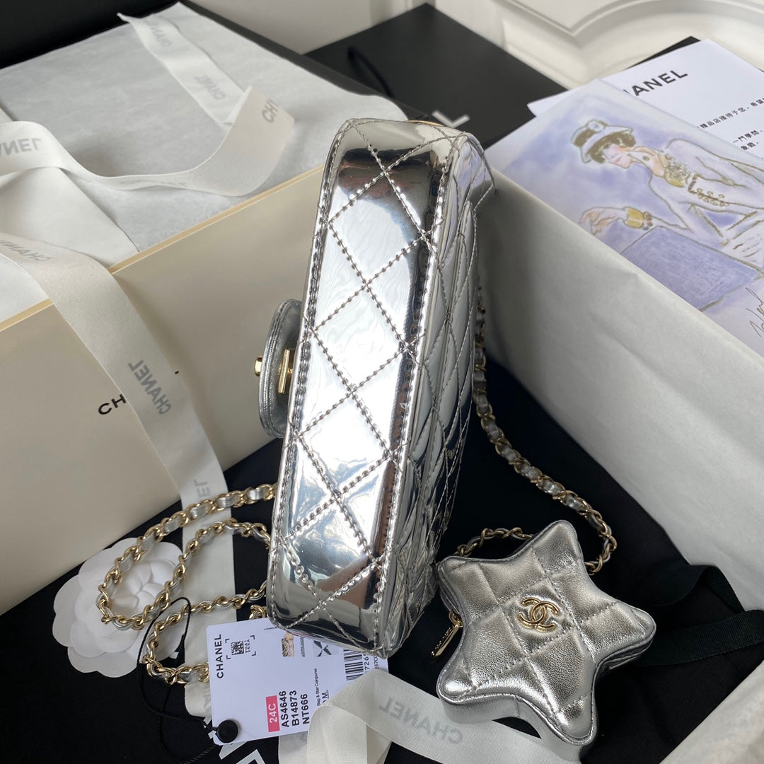 CHANEL MINI 19 FLAP BAG IN SILVER METALLIC CALFSKIN WITH STRAP