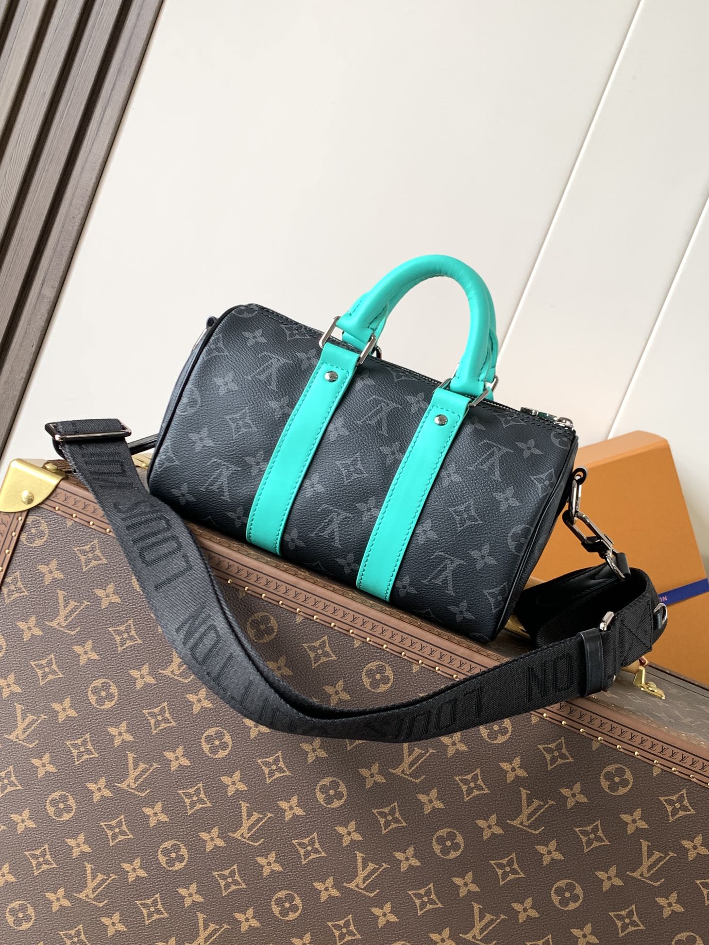 LOUIS VUITTON LV 25S KEEPALL 25 WITH SHOULDER STRAP IN BLACK AQUA COATED MONOGRAM ECLIPSE CANVAS AND CALFSKIN