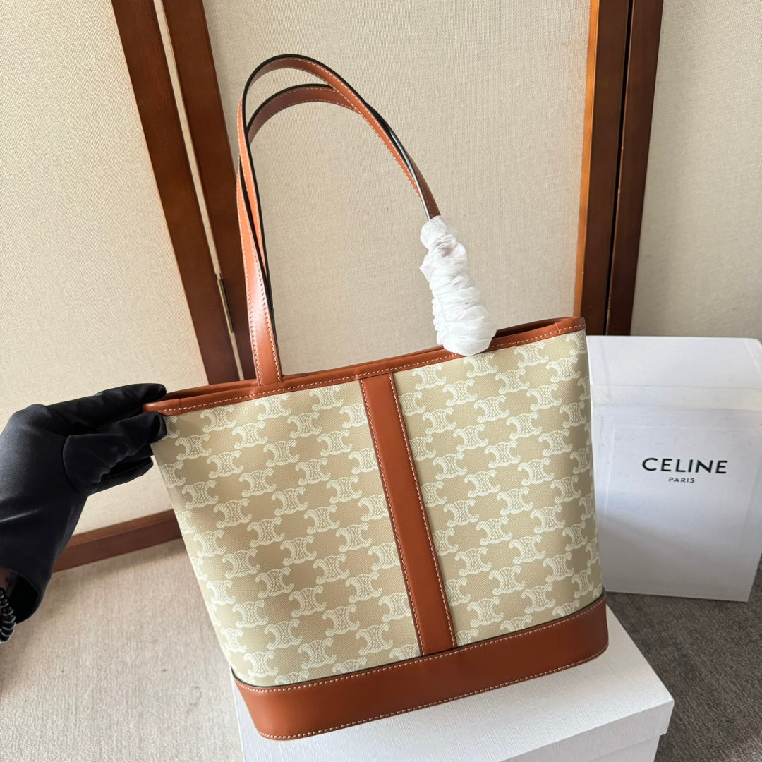 CELINE TRIOMPHE CANVAS 26.5 IN PRINTED CALFSKIN BROWN WHITE