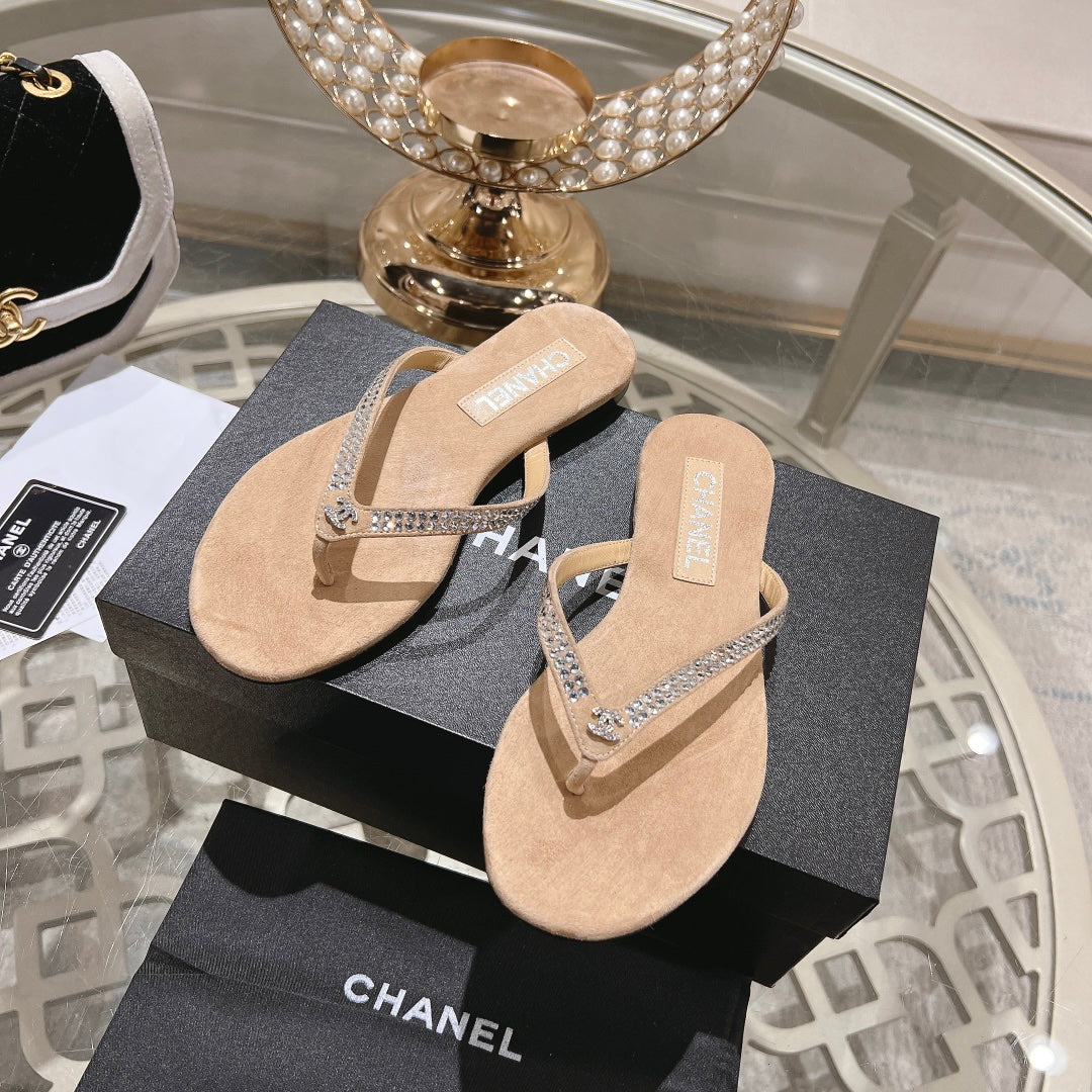 CHANEL RHINESTONES THONG SANDAL IN SEPIA TAN SUEDE