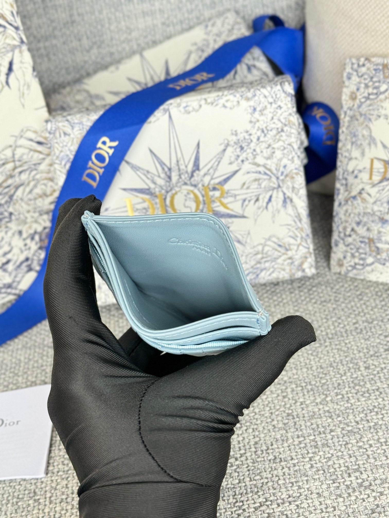 DIOR CARO FREESIA CARD HOLDER 10 IN BABY BLUE CANNAGE CALFSKIN