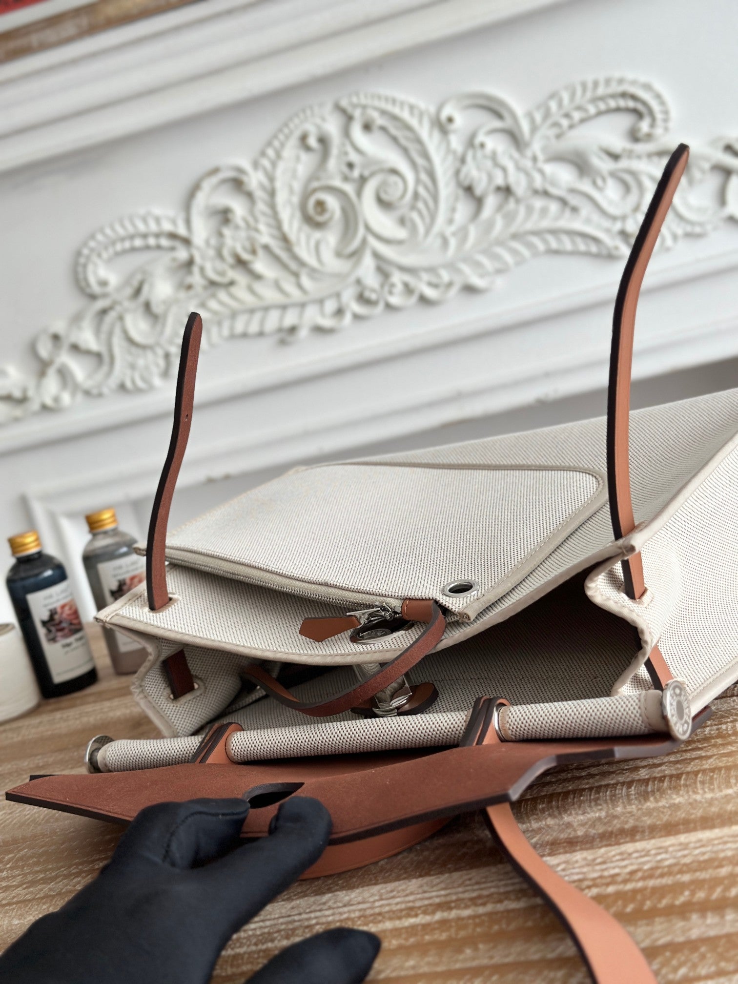 HERMES ZIP CABINE 31 BAG IN PALE GRAY CANVAS AND BRONZE BROWN CALFSKIN