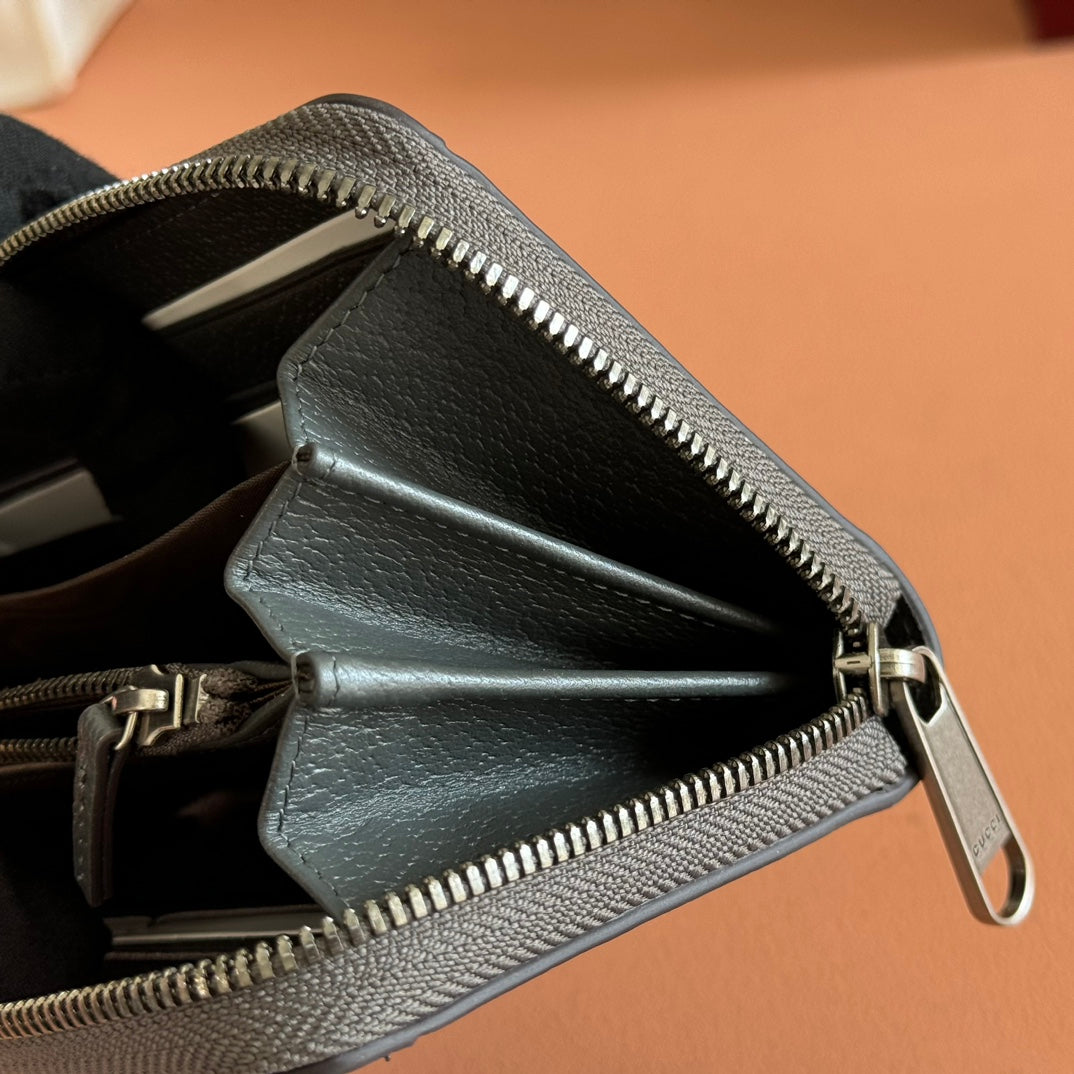 GUCCI OPHIDIA ZIP AROUND WALLET 19 IN DARK GREY COATED FABRIC AND CALFSKIN