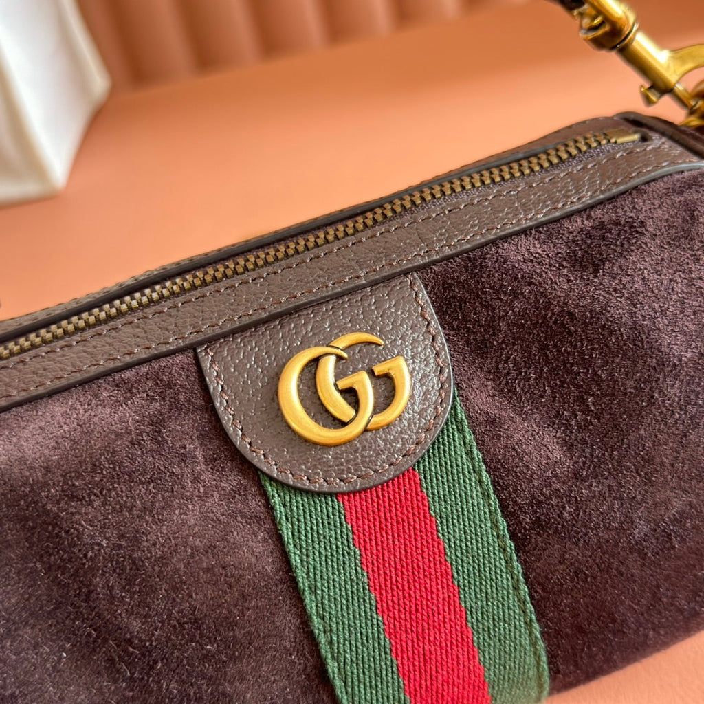 GUCCI 25S OPHIDIA MINI SHOULDER BAG 19 CM IN DARK CHOCOLATE BROWN SUEDE