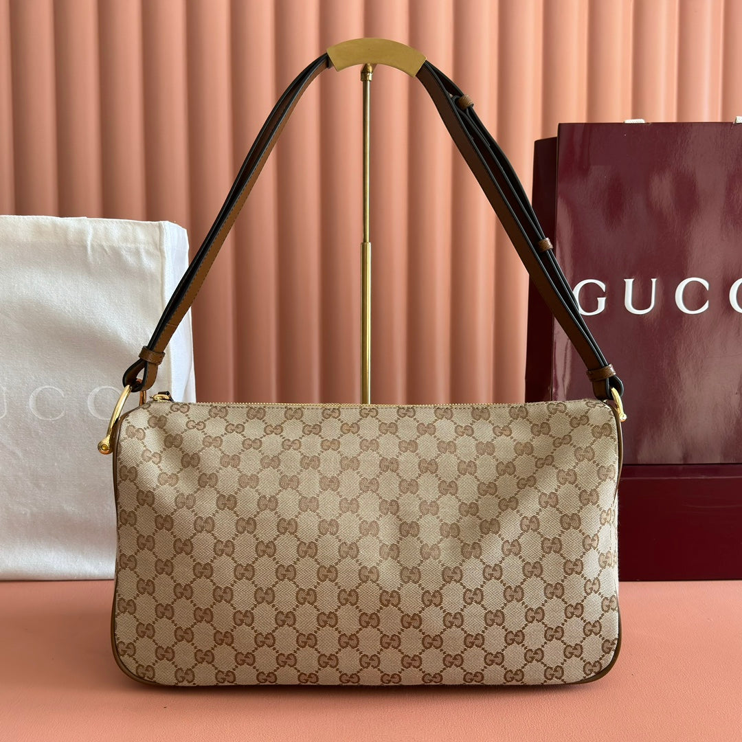 GUCCI 26S SHOULDER BAG 38 IN WARM BEIGE AND BROWN CANVAS