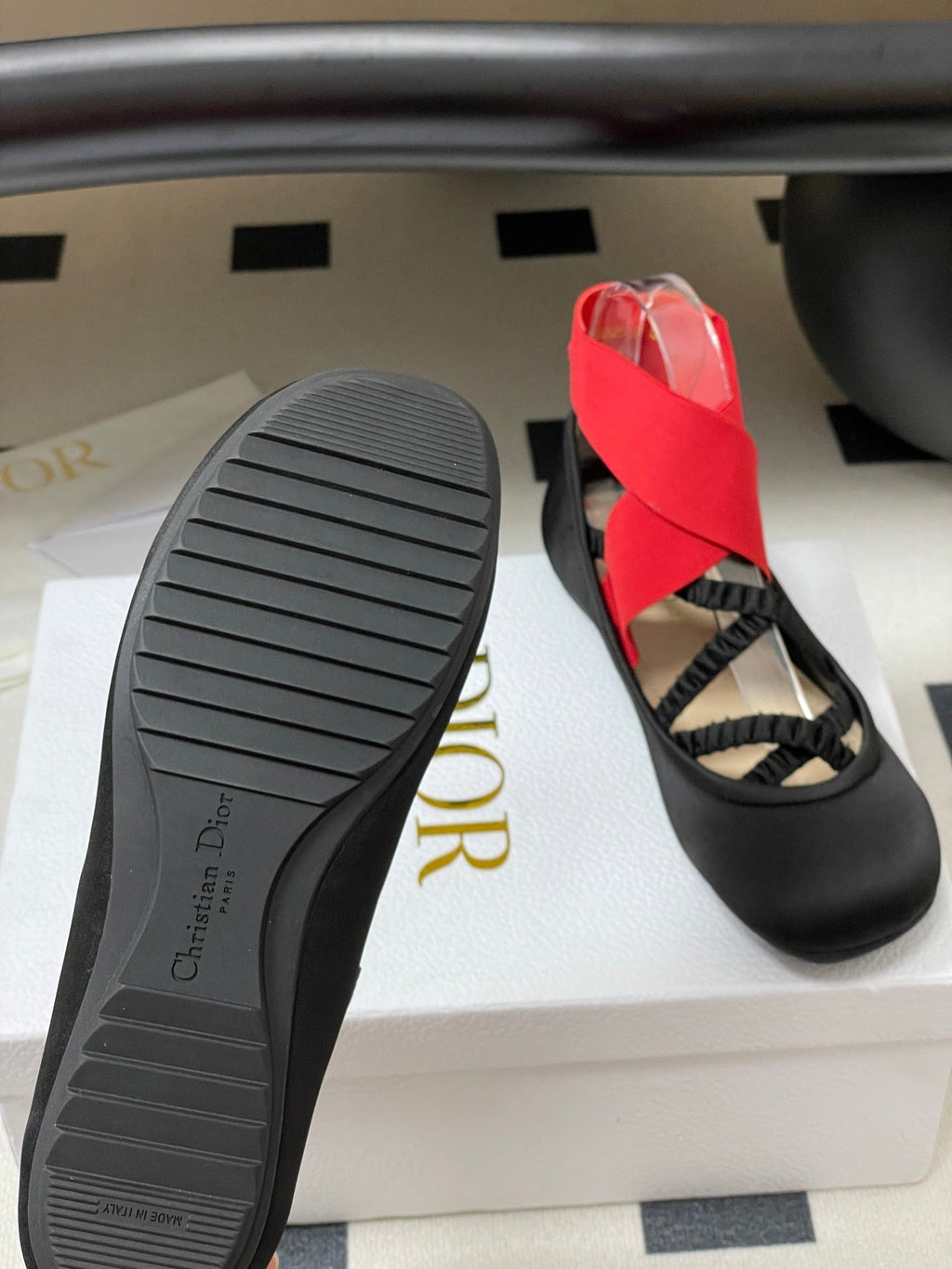 DIOR STRETCH BALLET FLATS 25S IN BLACK MIX RED FABRIC WITH CROSSED STRAPS
